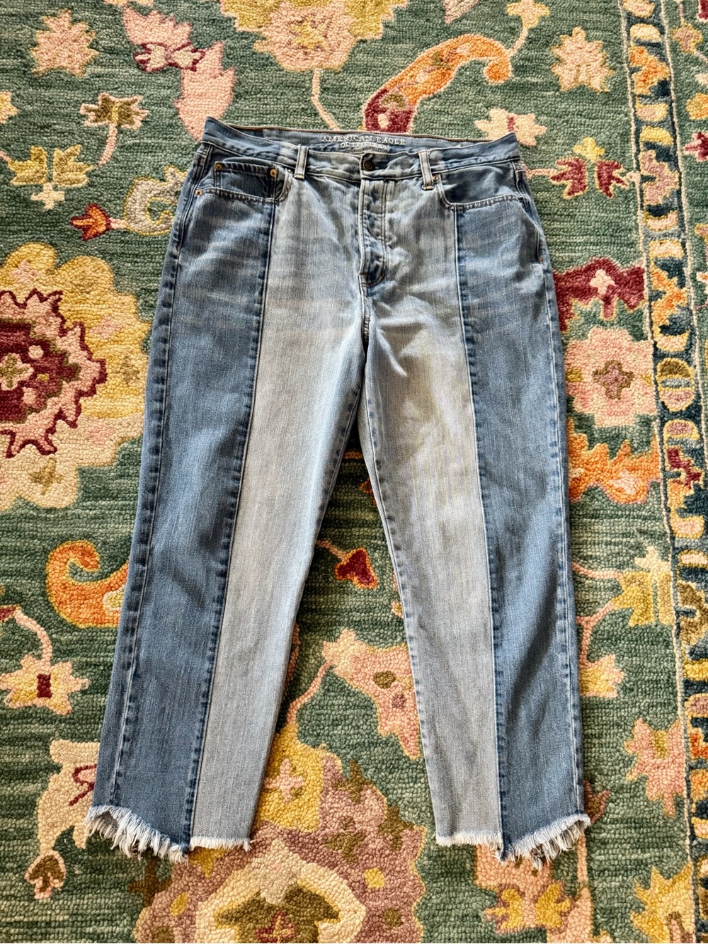 American Eagle Women's Jeans Blue Sz 14 Vintage Hi-Rise Two-Tone Button Fly Crop